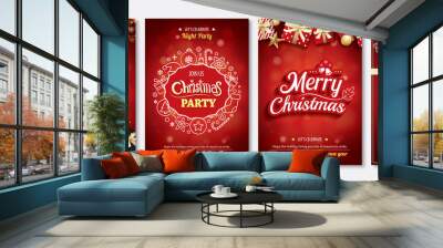 Merry christmas party glass ball and gift box for flyer brochure design on red background invitation theme concept. Happy holiday greeting banner and card template. Wall mural