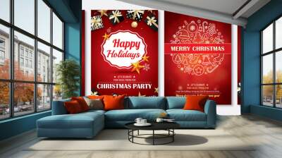 merry christmas party glass ball and gift box for flyer brochure design on red background invitation Wall mural