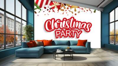 Merry christmas party with glass ball and giftbox for flyer brochure background invitation theme concept. Happy holiday greeting banner and card template. Wall mural