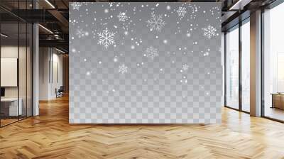 Snowflakes falling christmas decoration isolated background. White snow flying on transparent Wall mural