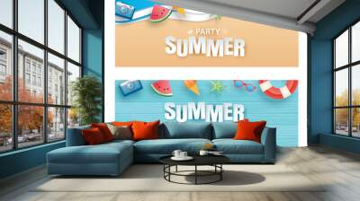 Summer party invitation banner with decoration origami. Paper art and craft style. Vector illustration of life ring, ice cream, camera, watermelon, sunglasses. Wall mural