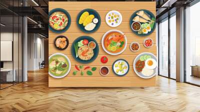 Thai food and ingredient on a wooden background. Wall mural