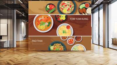 thai food web banner flat design.som tam, tom yum kung,pad thai Wall mural