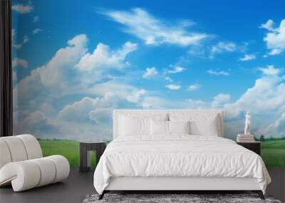 Green field with clouds blue sky summer background, ai generative Wall mural