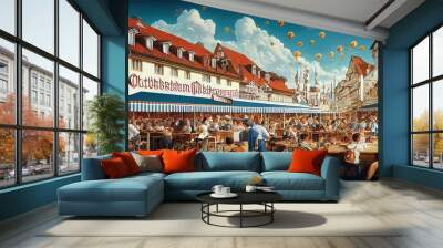 Oktoberfest people in street illustration Wall mural