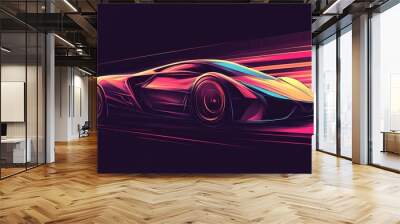 A vector design of a sports car with a sleek, aerodynamic shape. The graphic uses dynamic lines and vibrant colors to convey speed and modernity. Wall mural