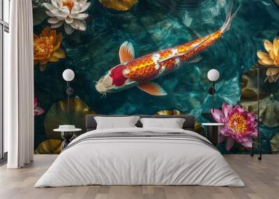 A vibrant image of a colorful koi fish swimming in a koi pond surrounded by blooming lotus flowers. Wall mural