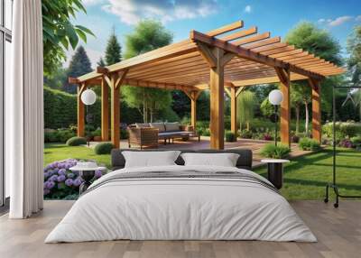 Detailed architectural sketch of eco-friendly bioclimatic wooden pergola construction project in a lush green garden with natural surroundings. Wall mural