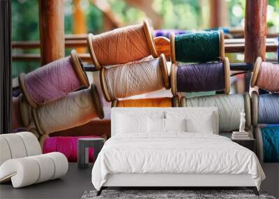 colorful cotton yarn on spool multi colored spools for use in loom for weaving in thailand Wall mural