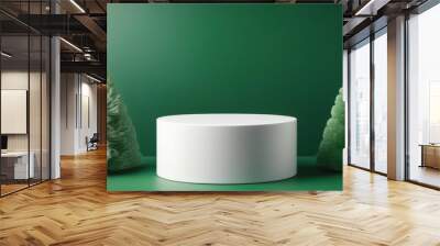 white cylinder podium on the green floor with christmas trees for background suitable for premium product presentation backdrop display and mock up Wall mural