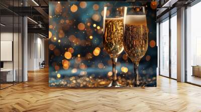 Champagne glasses drink wine with fireworks or bokeh lights background on new year night celebration Wall mural