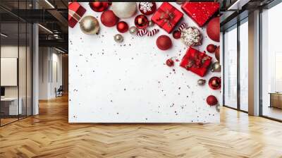 Christmas composition with gift boxes, card balls fir branches pine cones with copy space. Christmas Wall mural