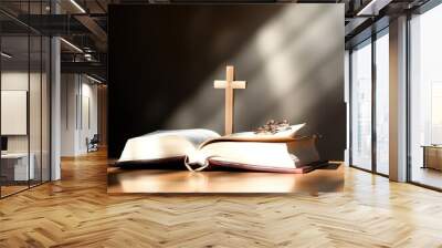 Close up of a holy bible and christian cross on wooden table. Happy good friday or religion concept Wall mural