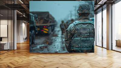 A soldier wearing winter camouflage gear stands in a cold, snowy environment, preparing for a military operation with trucks in the background Wall mural