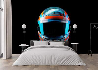 Close-up front view of a racing helmet with bold blue, orange, and white geometric patterns against a black background Wall mural