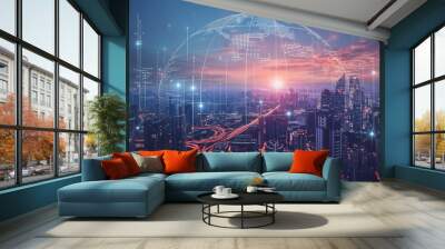 Futuristic cityscape with digital network connections overlaying a bustling metropolis at dusk, symbolizing smart city technology Wall mural