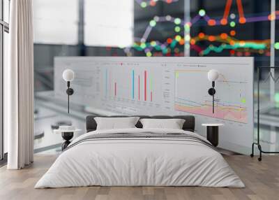 High-tech digital dashboard displaying colorful interactive graphs and charts, illustrating real-time data analysis and modern business intelligence tools Wall mural