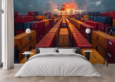 Symmetrical view of stacked cargo containers in a freight terminal with a dramatic sunset sky in the background Wall mural