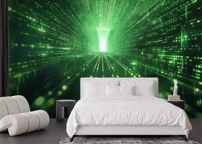 A digital abstract image of a green matrix code data stream, creating the illusion of depth and movement in cyberspace Wall mural