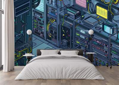 Illustration of a futuristic data center filled with server racks, monitors, and complex cabling, creating a high-tech and industrial atmosphere Wall mural