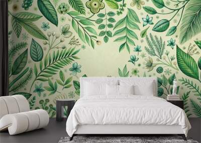 Intricate green botanical pattern with hand-drawn illustrations of leaves and flowers, illustration style, organic shapes, plant illustrations, green wallpaper Wall mural