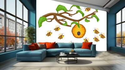 Beehive hanging on tree branch isolated on white background. Swarm of wild bees and hive. Cute honey bees and their yellow house in forest. Stock vector illustration Wall mural