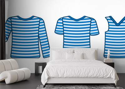 Set of striped sailor t-shirt isolated on white background. Sea striped shirt with long, short sleeves and sleeveless in light white blue colors. Sea travel element. Marine object. Vector illustration Wall mural