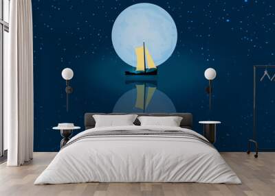 Yellow sailboat and starry sky with full moon reflected in calm sea. Night nature seascape. Boat in ocean in the moonlight and stars. Romantic landscape with ship. Marine sailing. Vector illustration Wall mural