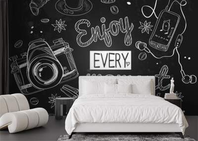 Vector set for the holiday. Camera, player, coffee, cakes. Black slate Wall mural