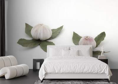 Buds of flowers, from fresh bulbs of garlic and a laurel leaf on a white background Wall mural