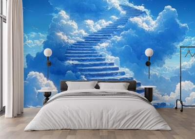 A breathtaking scene of a staircase rising through fluffy clouds under a starry sky, symbolizing dreams, aspirations, and tranquility, Ideal for inspirational content, travel themes Wall mural