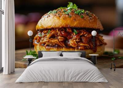 A close-up image of a delicious pulled pork sandwich topped with fresh parsley, placed on a wooden cutting board, ideal for food blogs, restaurant menus, and culinary marketing materials Wall mural