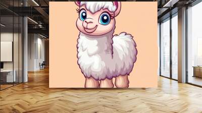 A cute, fluffy cartoon llama with big blue eyes and a friendly expression stands against a soft peach background, Perfect for children's products, educational materials, and playful designs, Wall mural