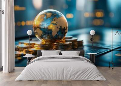 A futuristic financial scene with a transparent globe, golden continents, and stacks of coins, perfect for illustrating global finance, investment, or economic growth concepts Wall mural