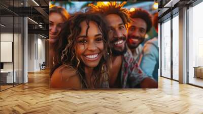 A group of friends enjoys an outdoor evening party, smiling and looking at the camera, with fairy lights in the background, making it ideal for socializing and festive scenes. Wall mural