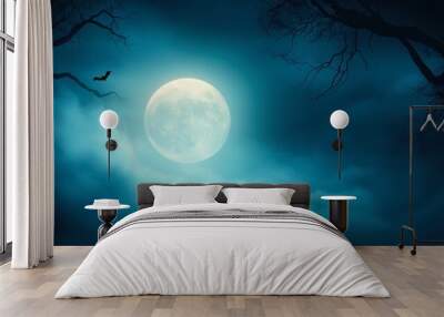 A haunting night scene featuring a full moon surrounded by wispy clouds and silhouetted branches, with a bat flying across the sky, Ideal for Halloween-themed content, spooky designs Wall mural