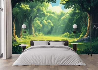 A serene sunlit forest clearing with lush green grass and tall trees creates a peaceful atmosphere that can be used for nature-related content, backgrounds, relaxation, meditation themes Wall mural