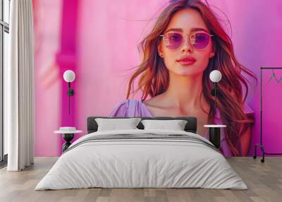 A stylish woman with long hair and sunglasses stands against a vibrant pink background, exuding confidence and fashion-forwardness, suitable for use in marketing, fashion blogs Wall mural