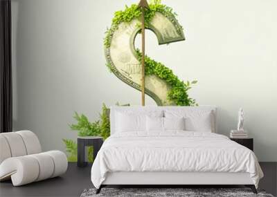 A stylized dollar sign made of currency surrounded by lush greenery symbolizes the merging of finance and sustainability, Ideal for topics on eco-friendly investments or green economics, Wall mural