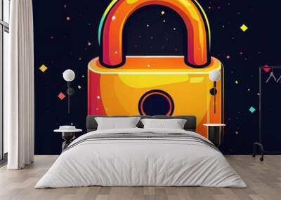 A vibrant, stylized lock symbolizes security and protection, set against a dark, sparkly background, Perfect for themes related to safety, cybersecurity, or data protection, Wall mural