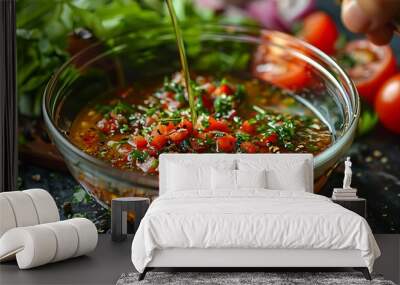 A vibrant bowl of salad dressing being prepared, filled with finely chopped colorful vegetables and herbs, with fresh green ingredients in the background, Perfect for use in food blogs Wall mural