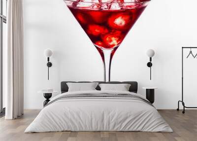 A vibrant red cocktail served in a martini glass garnished with a fresh strawberry and mint leaves isolated on transparency PNG background, perfect for use in hospitality, food, and drink promotions Wall mural