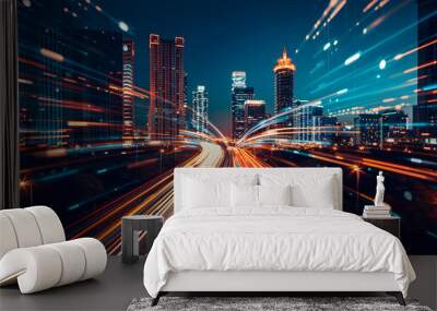 Abstract background of high speed global data transfer and super fast broadband in futuristic tech city at night, high speed internet and big data connection technology Wall mural