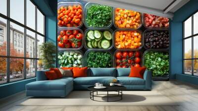 An arrangement of fresh vegetables in clear plastic containers ideal for meal prep visuals, healthy lifestyle promotions, or culinary blog content, Wall mural