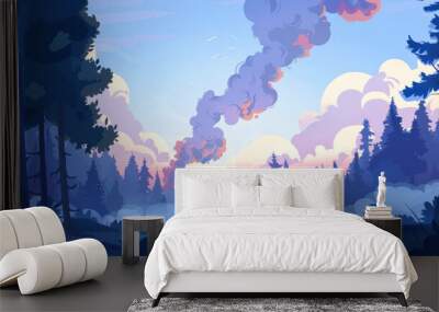 An illustrated scene of a dense forest with smoke clouds rising into a colorful sky at dawn or dusk, Perfect for environmental impact, wildfire awareness, nature preservation campaigns Wall mural