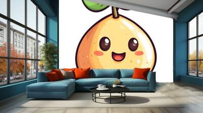 Cute, smiling cartoon pear with big eyes and two green leaves, perfect for children's books, educational materials, or healthy eating promotions, Wall mural