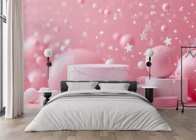 Elegant pink abstract composition with marble podiums, balls, and stars, perfect for product display, celebration, or festive theme backgrounds. Wall mural