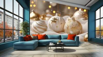 Elegant white and gold Christmas ornaments adorned with stars and glitter, laid on a soft textured surface with bokeh lights in the background Wall mural