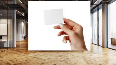 Hand holding blank white business card isolated on transparency background, PNG cut out for mockup. Ideal for business and branding presentations. Wall mural