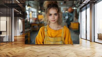 Portrait of a woman in a workshop wearing a yellow sweater and overalls, showcasing creativity and craftsmanship in a studio setting. Wall mural